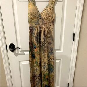 Fresh of La Animal Beige with Blue Orange Peacock Print Sleeveless Maxi Dress